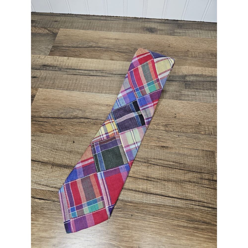 Savile Row Madras Plaid Patchwork Neck Tie 100% Cotton Vintage Preppy Ivy League